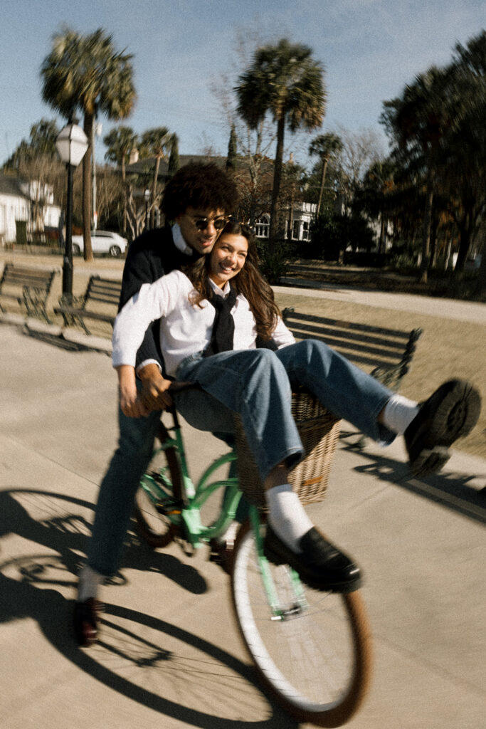 Couple on the cobblestones of Chalmers Street, a historic Charleston street